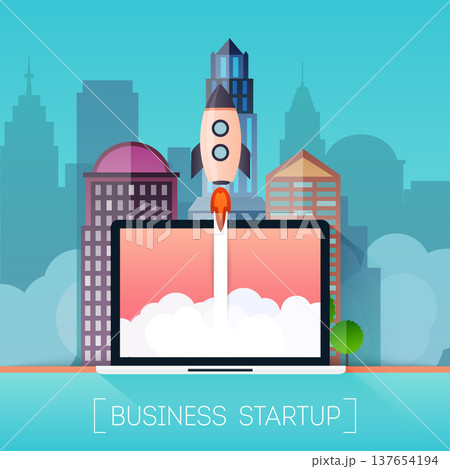 Successful startup business concept. Rocketship on computer for startup media. 137654194