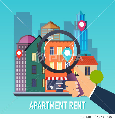 Hand holding a magnifying glass for search apartment. Offer of purchase house, rental of Real Estate. Flat design modern vector illustration concept. Hand holding a magnifying glass for search apartment. Offer of purchase house, rental of Real Estate. Flat design modern vector illustration concept. 137654230