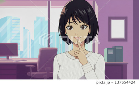 口元に人差し指を当てて微笑む女性。内緒・秘密・ここだけの話・プライバシーのイメージ。 137654424