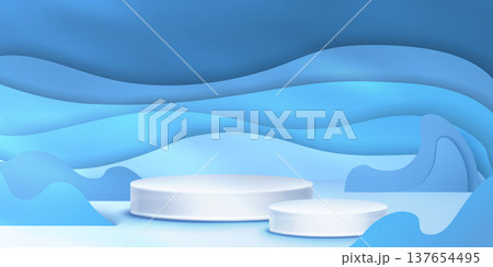 Two round podiums on papercut wave background 137654495