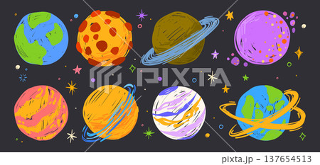 Planet crayon doodles with colorful space elements Planet crayon doodles with colorful space elements 137654513
