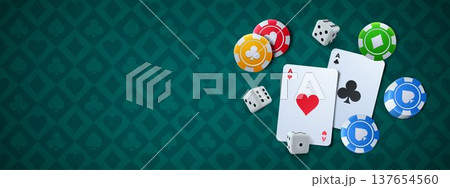 Casino poker cards, dices, chips on gaming table Casino poker cards, dices, chips on gaming table 137654560