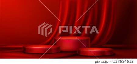 Red podium with scarlet velvet curtain frame 137654612