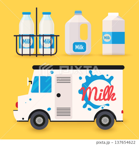 Dairy milk delivery service and milk bottles, packing. Local delivery van. Flat design modern vector illustration concept. 137654622