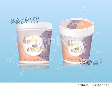 Mockup of realistic 3d cosmetics products for your design, on a background cartoon leaf. Vector illustration. 137654647