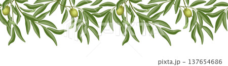 Olive branches with fruit seamless border. Upper vector hand drawn divider illustration for cafe and restaurant template. Italian food cartoon repeat drawing perfect for product packaging graphic. 137654686