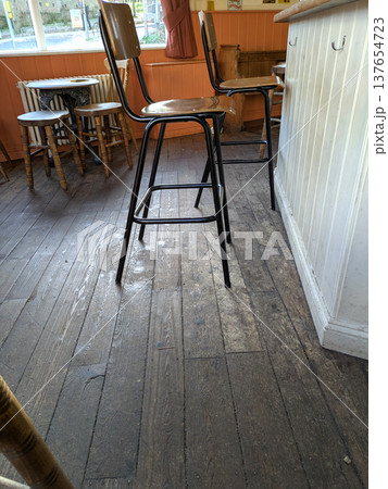 Warm and inviting bar scene with a British-style pub interior, complete with wooden paneling, old-fashioned decor, and a welcoming feel with stools and wooden floor 137654723