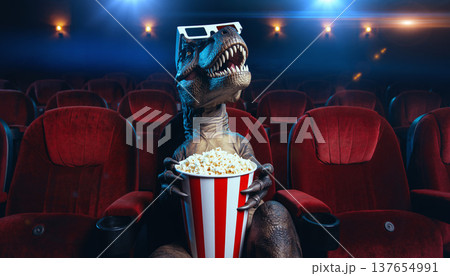 Dinosaur watches movie in theater while sitting in red seat and eating popcorn 137654991