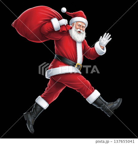 Claus waves while running with a large sack during a busy holiday season in winter 137655041