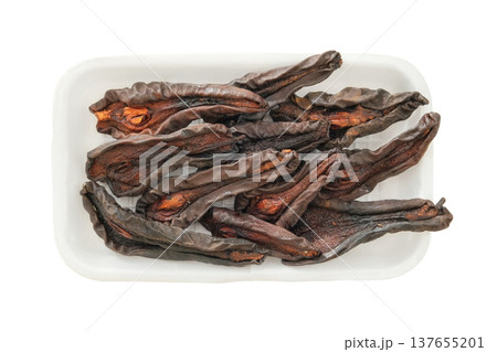 Dried pears in a white container isolated on a white background. Ingredient for preparing a freeze-dried breakfast and other dishes. Top view. 137655201