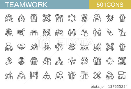 チームワークやビジネスに関するラインアイコンセット 137655234