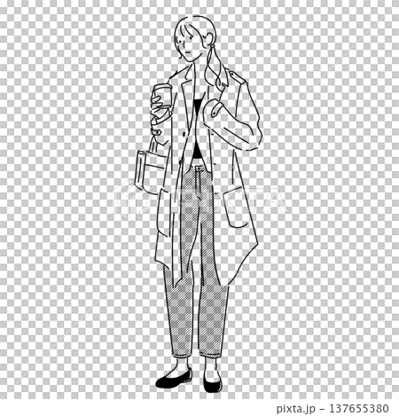 一位女士手捧咖啡,身穿休閒風衣,黑白線條插畫。 一位女士手捧咖啡,身穿休閒風衣,黑白線條插畫。 137655380