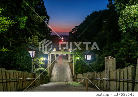 Aerail view of torii gate light up and city from Miyajidake Shrine, Fukutsu 137655543