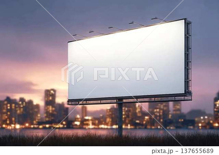 Blank white horizontal billboard on skyline background at evening, perspective view. Mock up, advertising concept Blank white horizontal billboard on skyline background at evening, perspective view. Mock up, advertising concept 137655689