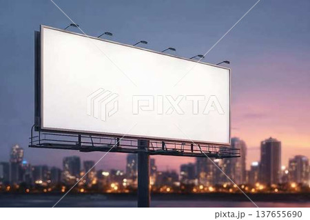 Blank white horizontal billboard on skyline background at evening, perspective view. Mock up, advertising concept 137655690
