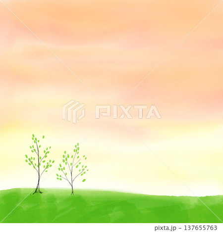夕焼けの草原と木のある丘の風景 木の水彩イラスト 背景素材 夕焼けの草原と木のある丘の風景 木の水彩イラスト 背景素材 137655763