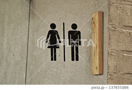 Sign indicating men's and women's restrooms. 137655866