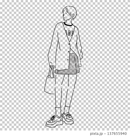 プリーツミニスカートの若者カジュアルファッション モノクロ線画イラスト プリーツミニスカートの若者カジュアルファッション モノクロ線画イラスト 137655940