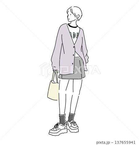 ロゴTとカーディガンのカジュアルコーデ ボックスプリーツミニスカートの若者ファッションイラスト ロゴTとカーディガンのカジュアルコーデ ボックスプリーツミニスカートの若者ファッションイラスト 137655941