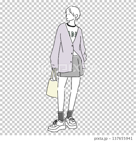 ロゴTとカーディガンのカジュアルコーデ ボックスプリーツミニスカートの若者ファッションイラスト ロゴTとカーディガンのカジュアルコーデ ボックスプリーツミニスカートの若者ファッションイラスト 137655941