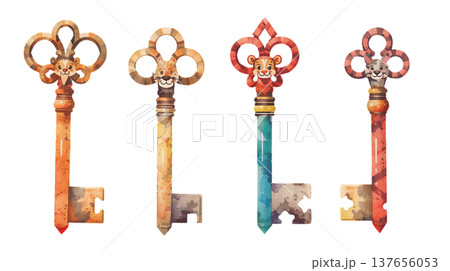 動物の顔がついた可愛い鍵の水彩イラストセット 動物の顔がついた可愛い鍵の水彩イラストセット 137656053