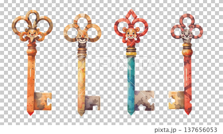 動物の顔がついた可愛い鍵の水彩イラストセット 動物の顔がついた可愛い鍵の水彩イラストセット 137656053