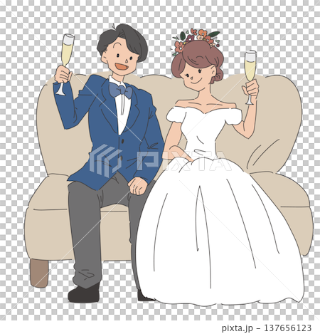 The bride and groom toast while sitting on the sofa. 137656123