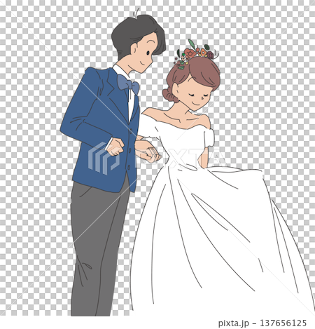 The bride and groom walk side by side, holding hands. The bride and groom walk side by side, holding hands. 137656125