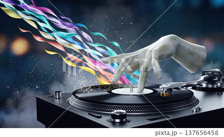 Hands control a turntable as colorful waves of sound and light flow in a music setting at night 137656458