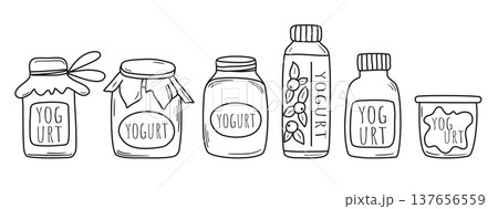 Hand drawn set of yogurts in various packaging 137656559