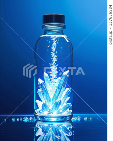 「氷の上に置かれたローズゴールドの蓋付き高級化粧品ボトル、白い光沢面とドラマチックな反射」	 137656584