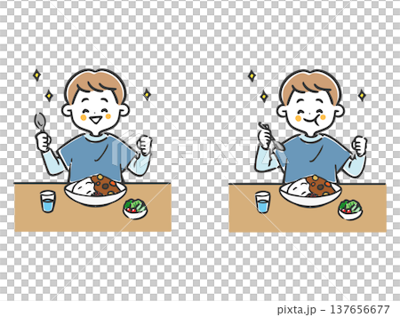 一個男孩在吃咖哩飯 - 向量圖 137656677