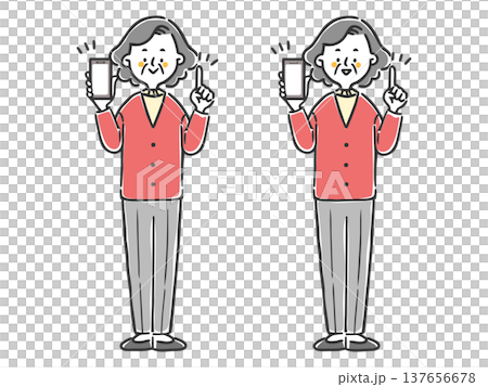 スマホを持って説明するシニア女性のイラストセット　全身　ベクター 137656678