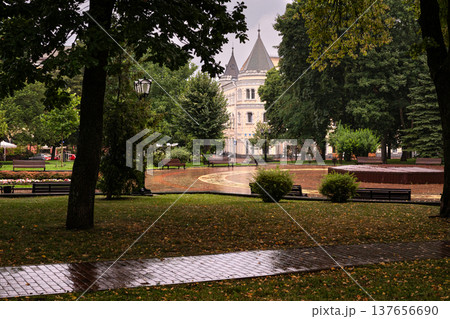 Rainy Autumn Park with Historic Building Rainy Autumn Park with Historic Building 137656690