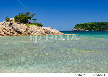 青空と透明な海に浮かぶ向島と羽尾岬の絶景(鳥取・浦富海岸) 青空と透明な海に浮かぶ向島と羽尾岬の絶景(鳥取・浦富海岸) 137656821