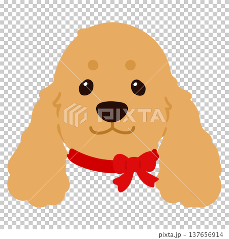 一幅簡潔可愛的英國可卡犬臉部插圖（繫著紅色絲帶）。無輪廓線。 137656914