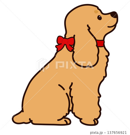 横を向いてお座りするシンプルで可愛いイングリッシュコッカースパニエルのイラスト　赤いリボン　主線あり 137656921