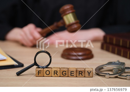 Legal processes unfold in a courtroom with a focus on forgery and justice under the watchful gaze of the gavel Legal processes unfold in a courtroom with a focus on forgery and justice under the watchful gaze of the gavel 137656979