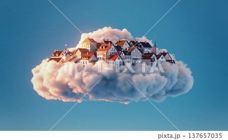 Cloud with houses floats in a bright sky...のイラスト素材 [137657035] - PIXTA