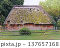 Aged wooden peasant house. Retro roof. Ancient countryside cottage. Old thatched roof is damaged and needs to be repaired. Sunny day. 137657168