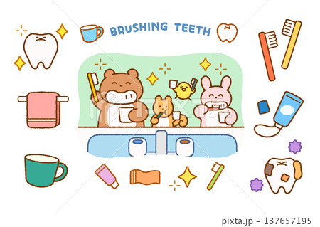動物キャラクターの歯みがきイラストセット｜生活習慣・幼児向け 137657195