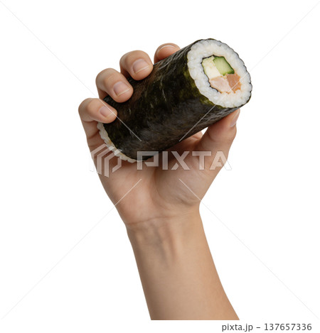 Hand Holding Large Sushi Hand Roll Temaki 137657336