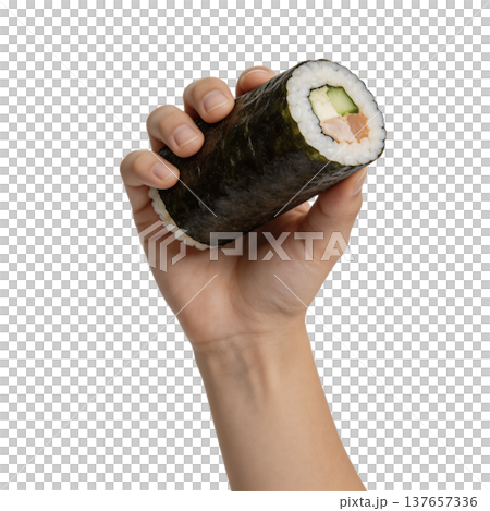 Hand Holding Large Sushi Hand Roll Temaki 137657336