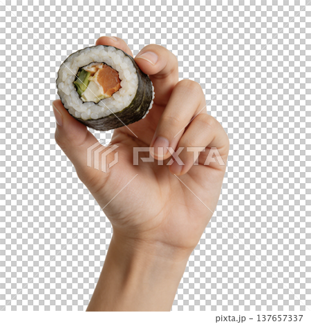 Hand Holding Large Sushi Hand Roll Temaki 137657337