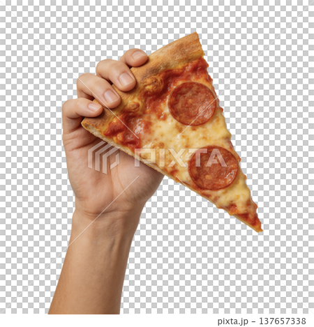 Hand Holding Pepperoni Pizza Slice Close Up 137657338