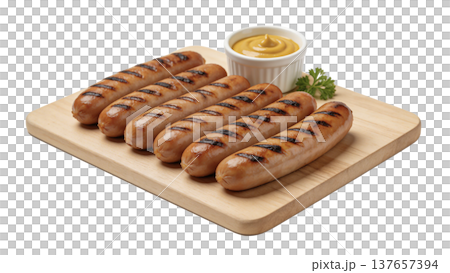 Grilled Sausages with Mustard on Wooden Board 137657394