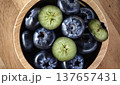Close up Fresh blueberries healthy food in wooden bowl 137657431