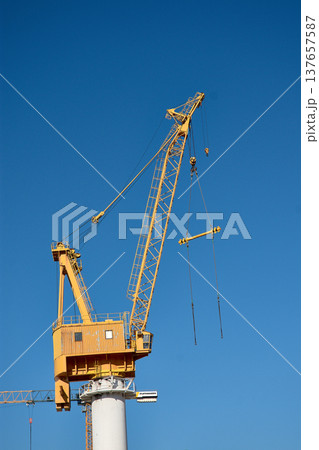 Yellow shipyard crane towering under clear blue sky in Vigo industrial port 137657587
