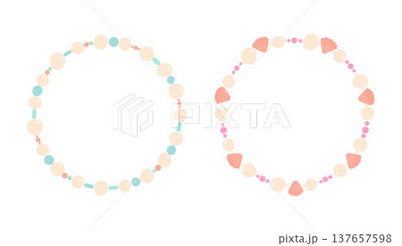 Beaded round frame vector illustration set. Pastel pearl, shell and bead borders isolated on white background. Decorative elegant feminine jewelry for card, invitation, poster in flat minimal style 137657598