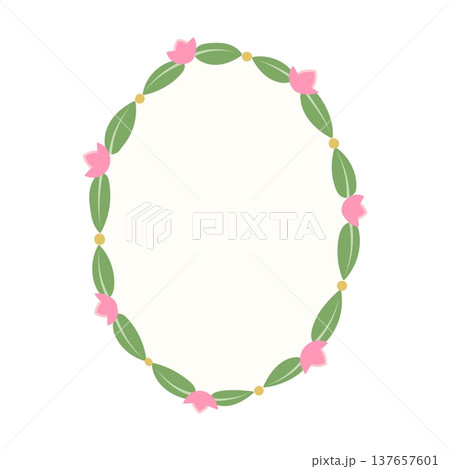 Floral oval frame vector illustration. Delicate minimalist border design with pink flowers and green leaves isolated on white background. Cute botanical template with copy space in flat style 137657601